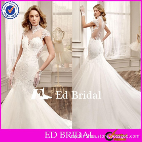 MG132 2015 Modest White Mermaid Short Sleeve Appliqued Floor Length High Neck Wedding Dress